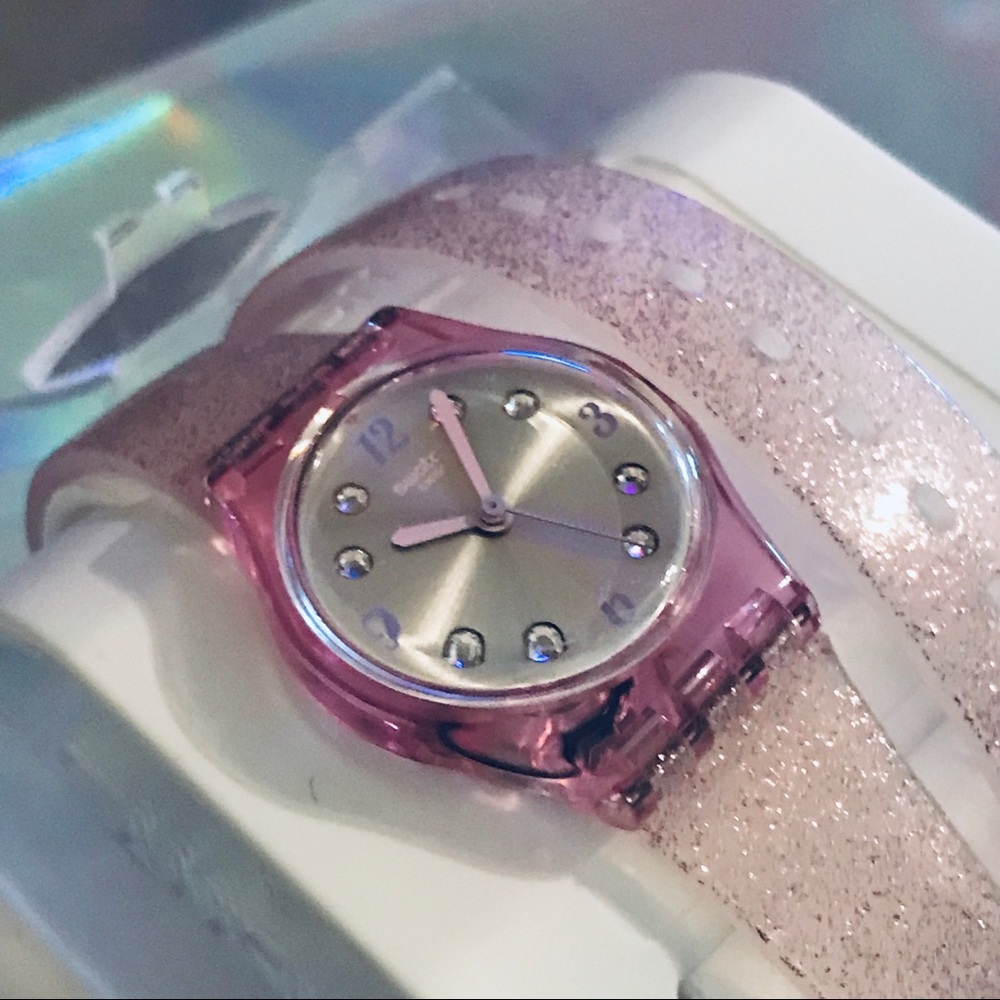 Vintage Pink glitter rhinestone crystal swatch watch wrap bracelet y2k NIB